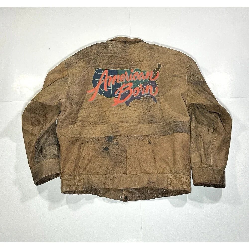 Vintage 80s Adidas Leather Jacket Distressed Patchwork Map Lined USA Men’s Large